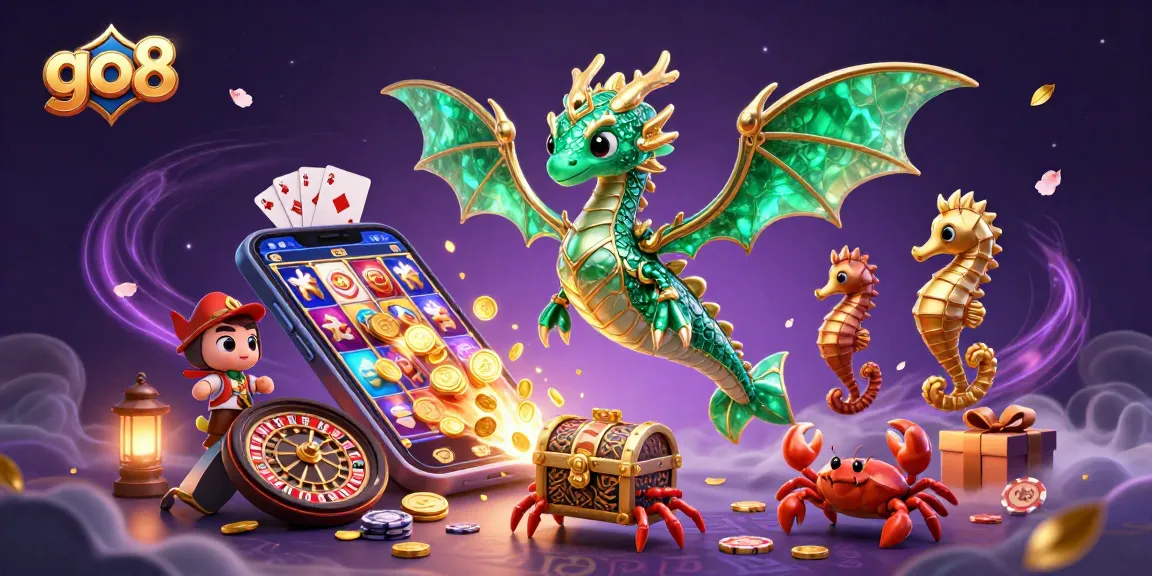 Engage with the dynamic world of go8 through this vibrant 3D casino illustration showcasing a sea dragon and treasure.