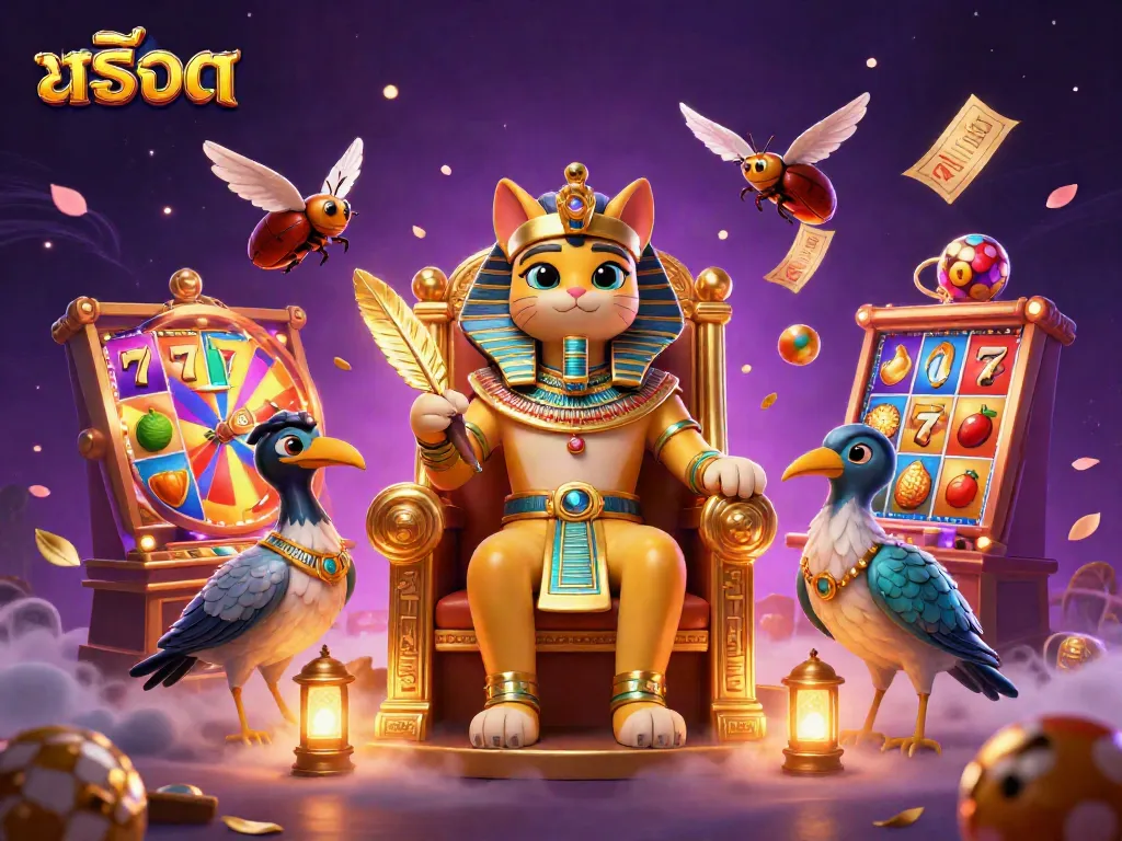เล่นสล็อตกับสล็อตฟีเจอร์เต็มรูปแบบที่มีพระฟาโรห์ในบัลลังก์ทองคำ