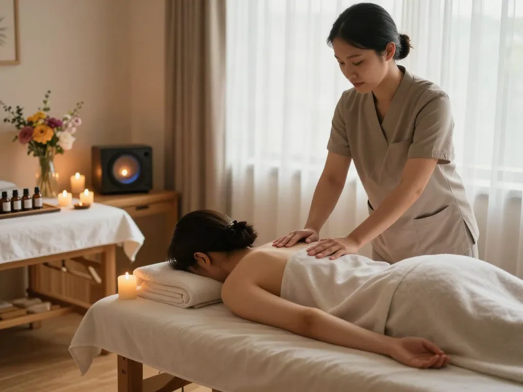 Experience a calming 사당출장마사지 in a serene home spa, showcasing tranquil ambience and professional care.