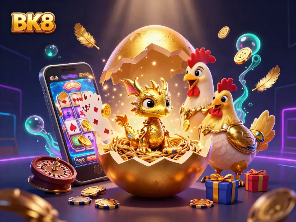 Experience BK8's vibrant gaming world with a golden dragon emerging from a poker chip nest, surrounded by casino elements.