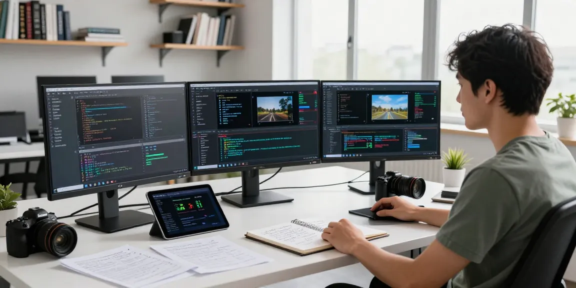 AI image detector in action, showcasing a data scientist analyzing algorithms on multiple monitors in a bright tech workspace.