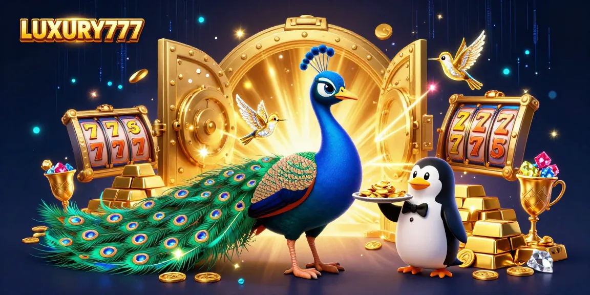 LUXURY777 slot tematik dengan karakter cerah dan elemen permainan menggiurkan di latar belakang.