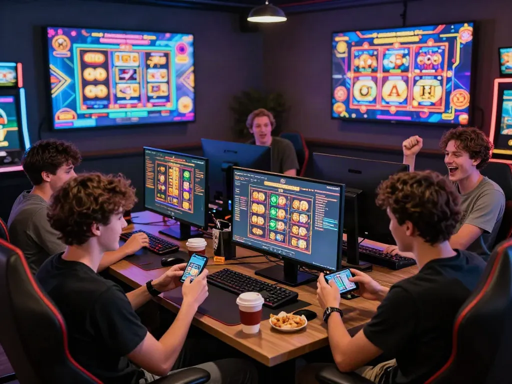 Exciting online gaming experience at luxury12, players engaging with colorful slot games and enjoying a vibrant atmosphere.