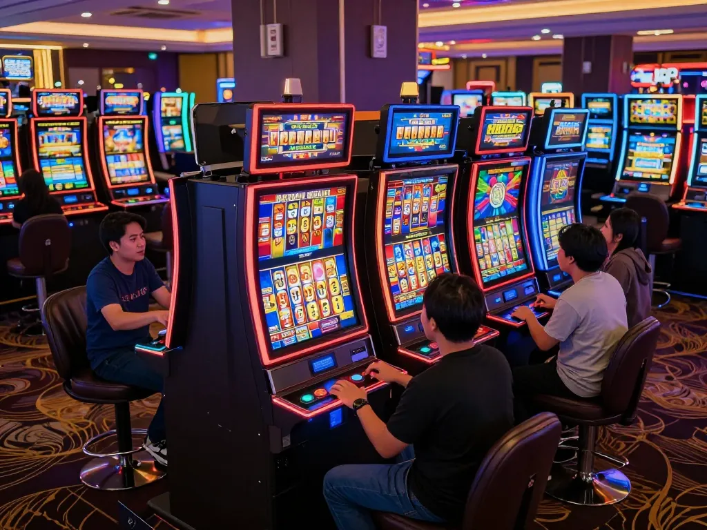 Players enjoying slot gacor machines under vibrant neon lights in a modern casino.