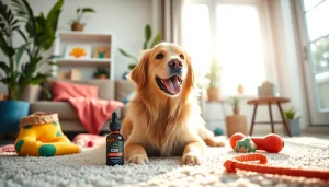 Provide CBD For Pet oil to promote wellness for dogs in a bright living room.