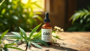 Capture the essence of CBD Oil with a beautifully lit bottle amidst lush hemp foliage.