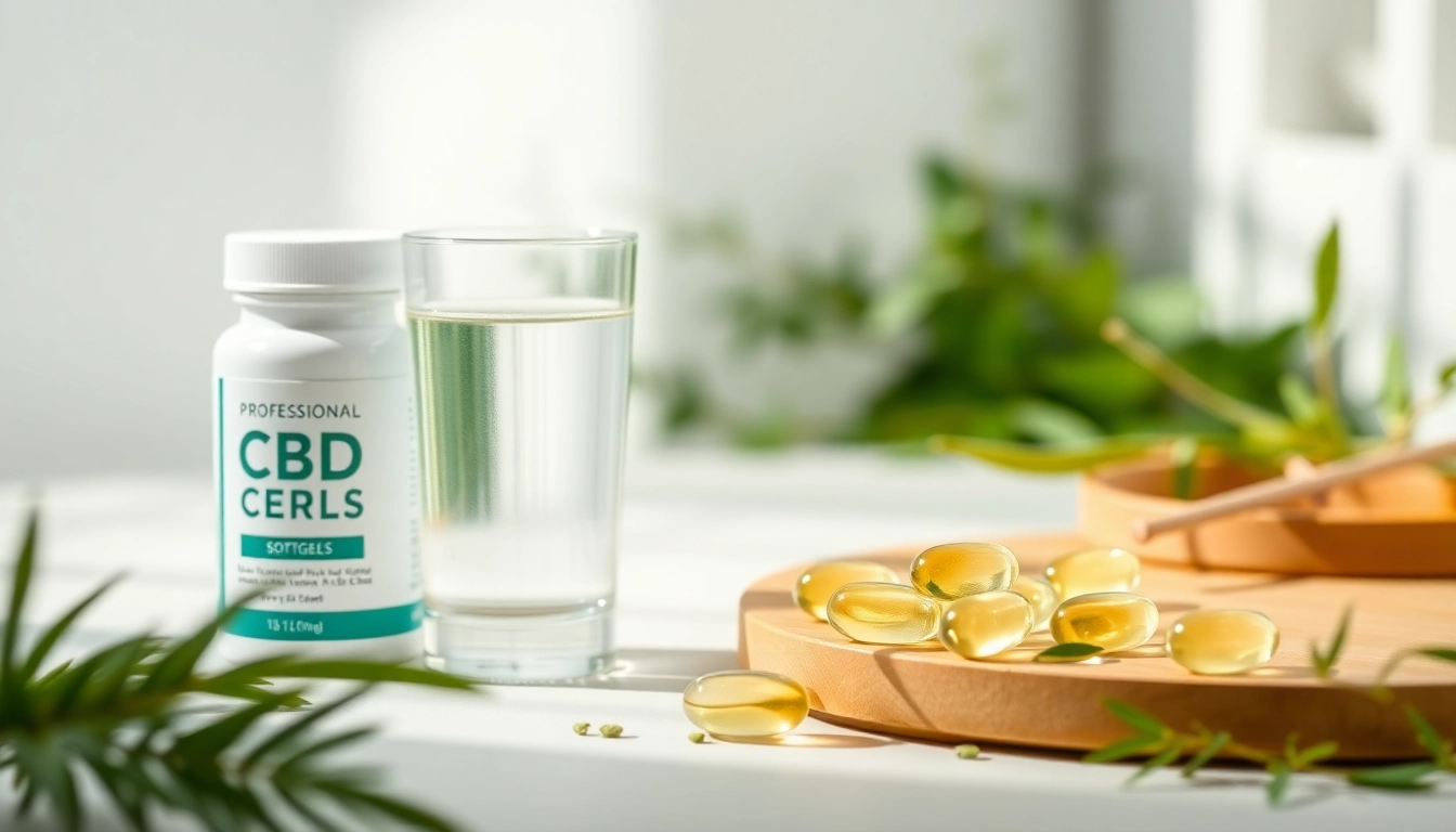 Showcase CBD softgels alongside a glass of water, promoting wellness and clarity.