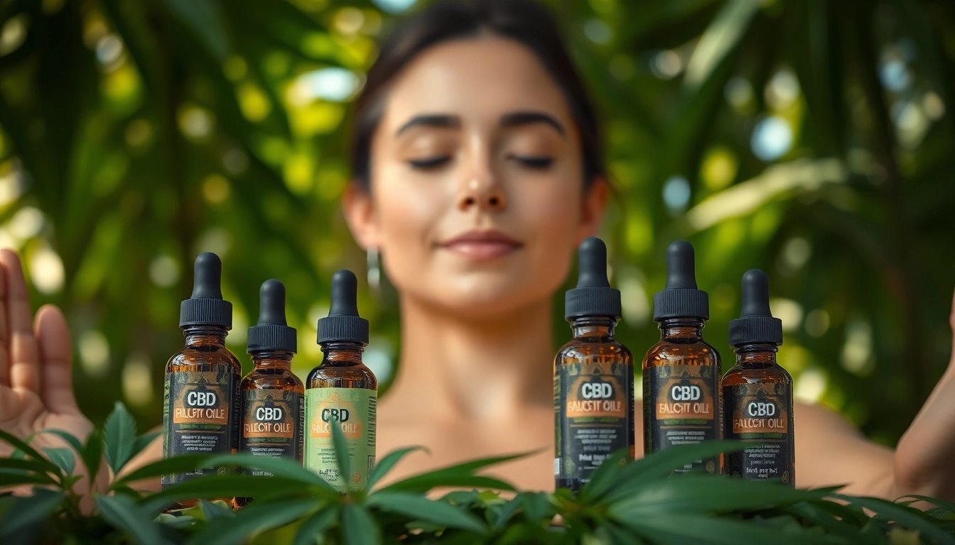 Person meditating with CBD oil bottles in a serene, natural setting