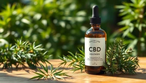 Utilisation de l'huile cbd hollyweed pour le bien-être entourée de feuilles de chanvre.