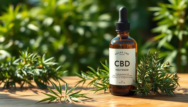 Utilisation de l'huile cbd hollyweed pour le bien-être entourée de feuilles de chanvre.
