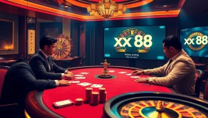 Experience the excitement of gambling at https://xx88.today/ with an engaging poker scene featuring a luxurious table and vibrant atmosphere.