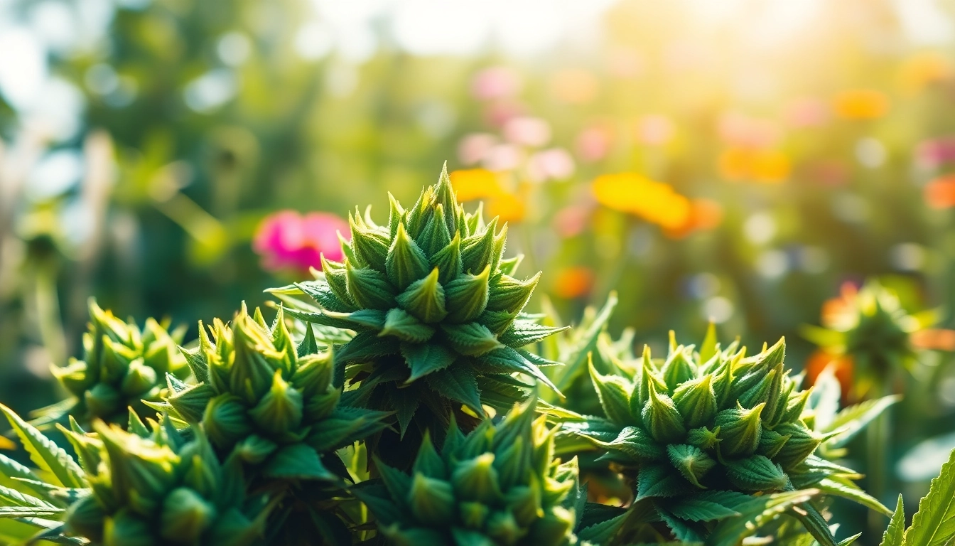 Showcasing Mental Wellness CBD buds in a tranquil garden, highlighting their vibrant colors and therapeutic beauty.