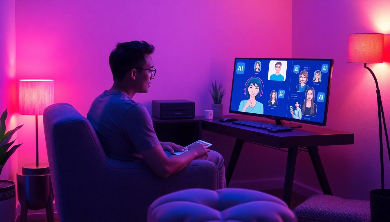 Engaging in sex ai chat with a digital AI character in an intimate, cozy setting.