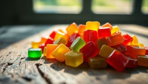 Indulge in vibrant Weed Gummies displayed on a wooden table inviting enjoyment.