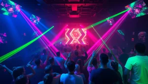 Vibrant miami rave scene capturing an energetic crowd under colorful lights.