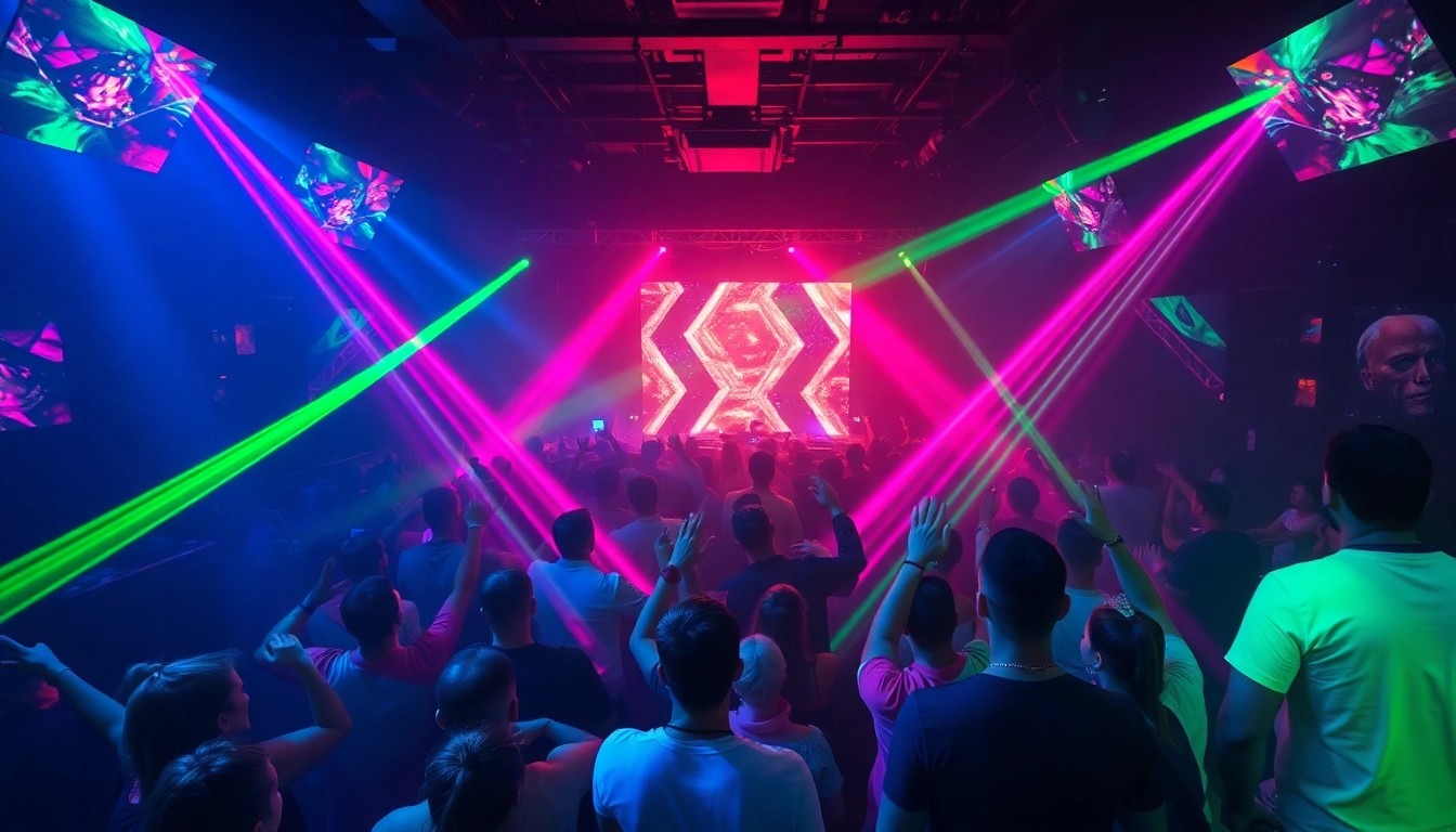 Vibrant miami rave scene capturing an energetic crowd under colorful lights.