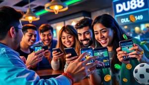 Excited players experience DU88 online betting on mobile devices in a vibrant café.