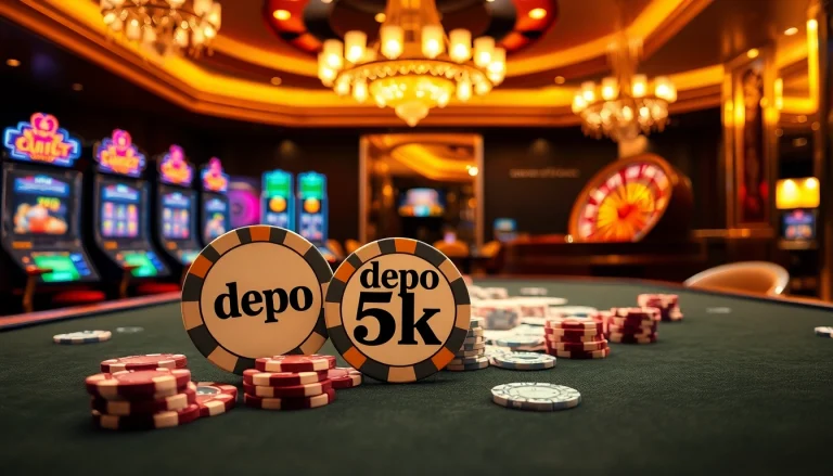 Experience the thrill of playing with depo 5k at this luxurious casino table filled with chips and vibrant slot machines.