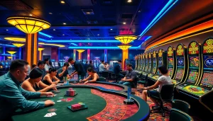 KJC casino scene showcasing players engaging in poker and vibrant slot machines.