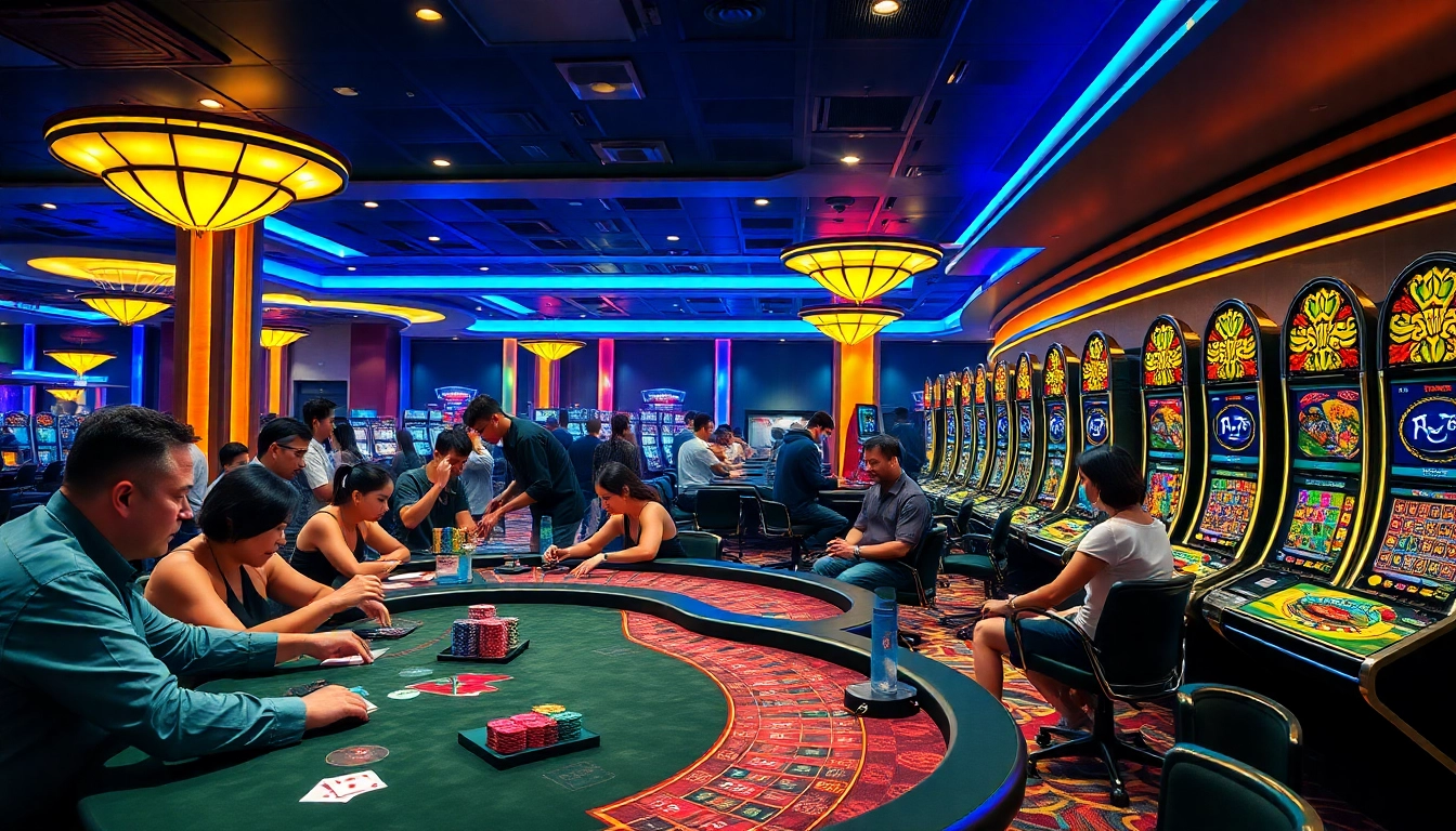 KJC casino scene showcasing players engaging in poker and vibrant slot machines.