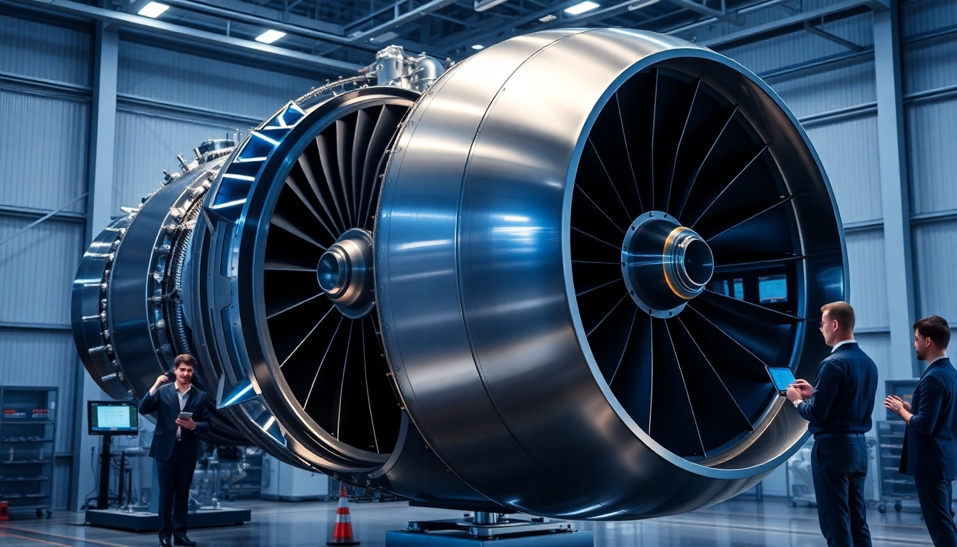 Close-up of NK 88 turbofan engine in modern testing facility.