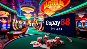 Experience the thrill of Gopay88 Daftar at a vibrant casino with poker chips and gaming tables.