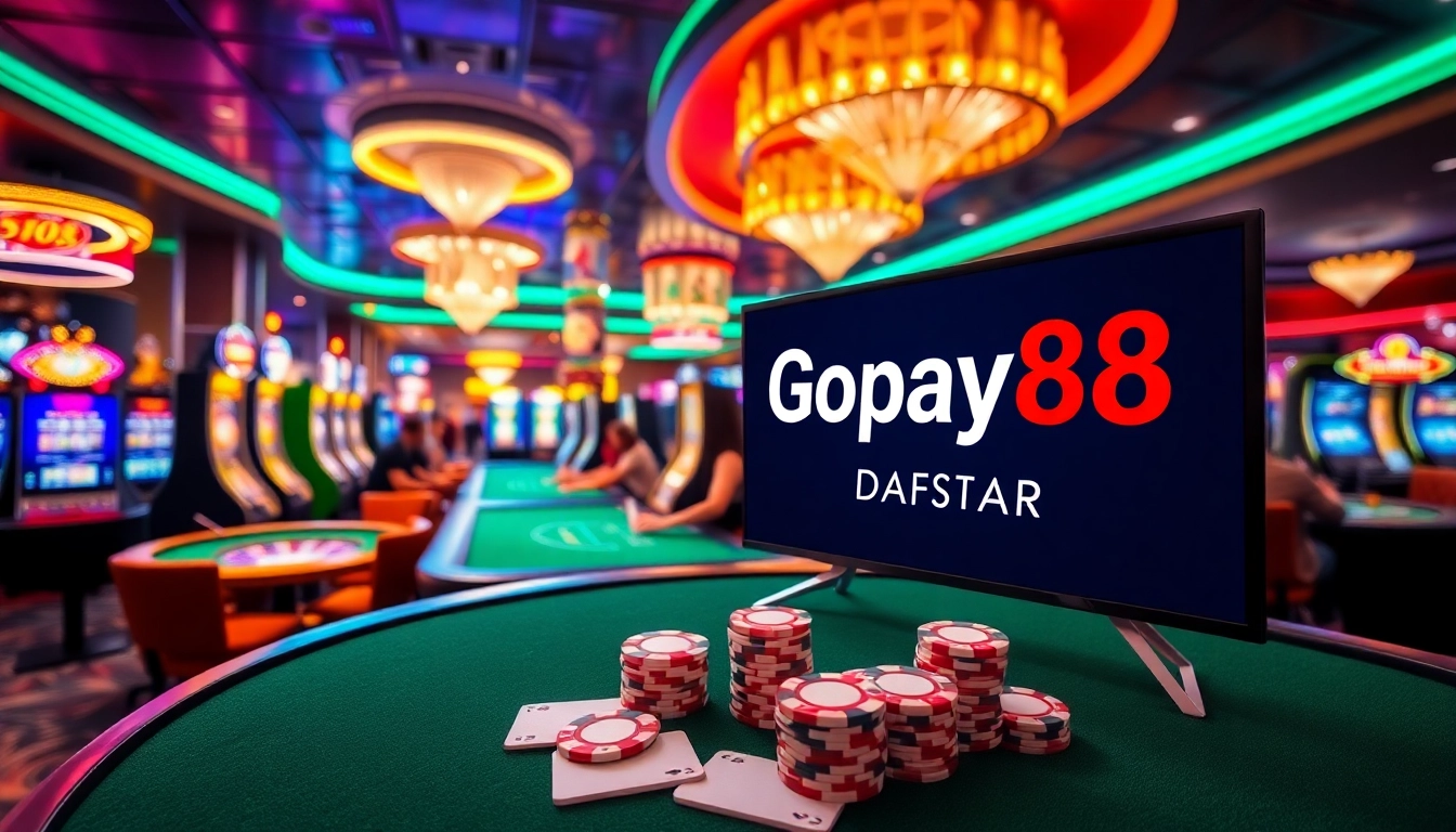 Experience the thrill of Gopay88 Daftar at a vibrant casino with poker chips and gaming tables.