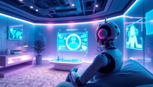 AI sex chat scene with a futuristic digital interface and ambient lighting.