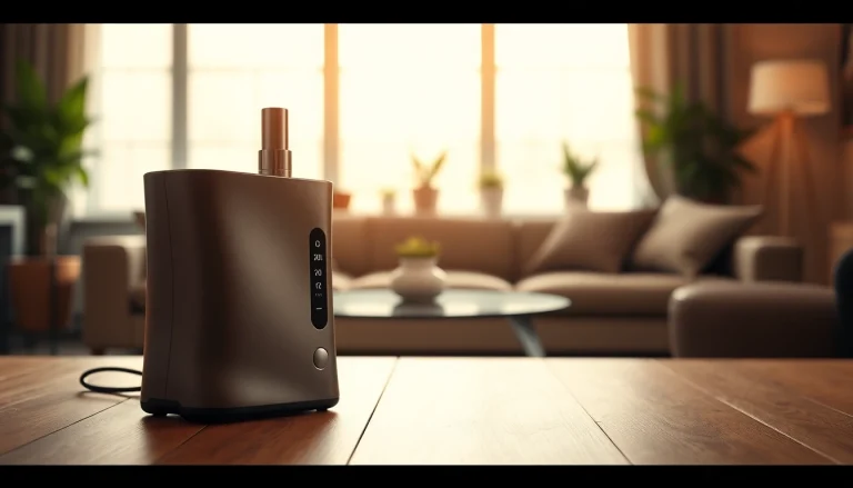 Using a dry herb vaporizer on a wooden table in a cozy living room setting.