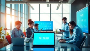 快连官网 interface displayed on multiple devices in a modern office setting, showcasing seamless internet connectivity.