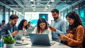 快连下载 - Professionals using technology to connect globally and enhance internet speed.