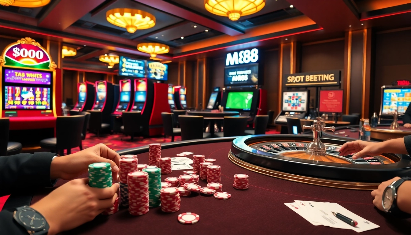 Exciting high-stakes game at a luxurious casino showcasing MM88 poker chips and betting table.