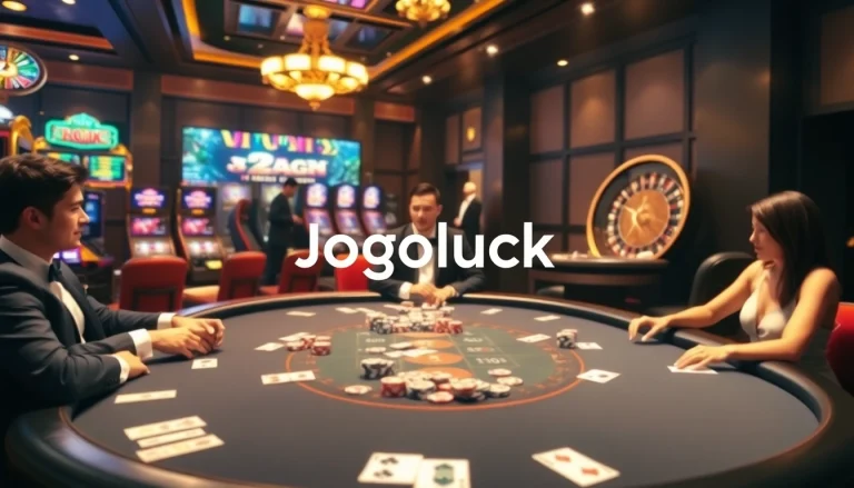Jogoluck players enjoying a high-stakes poker game in a luxurious casino setting.