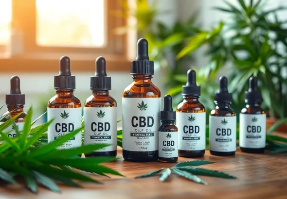 Buy CBD oil online in a stylish arrangement of bottles and fresh hemp leaves.