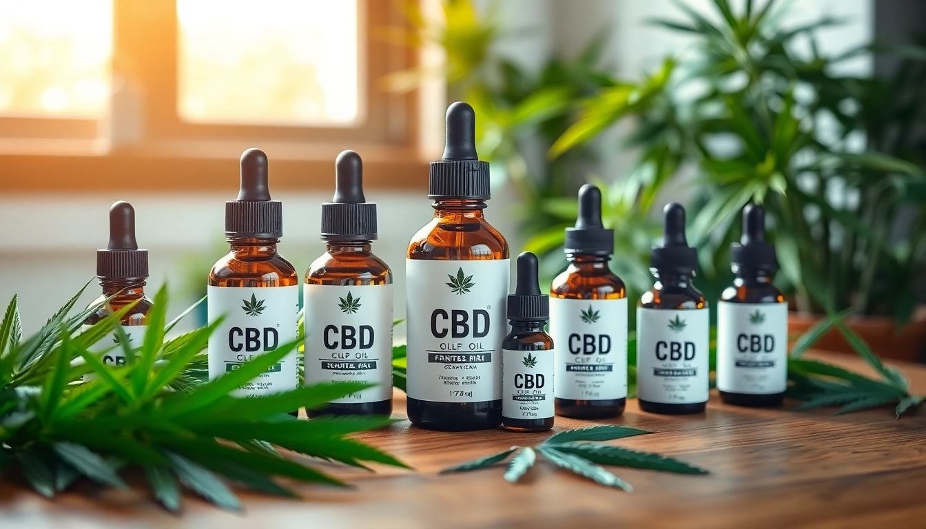 Buy CBD oil online in a stylish arrangement of bottles and fresh hemp leaves.