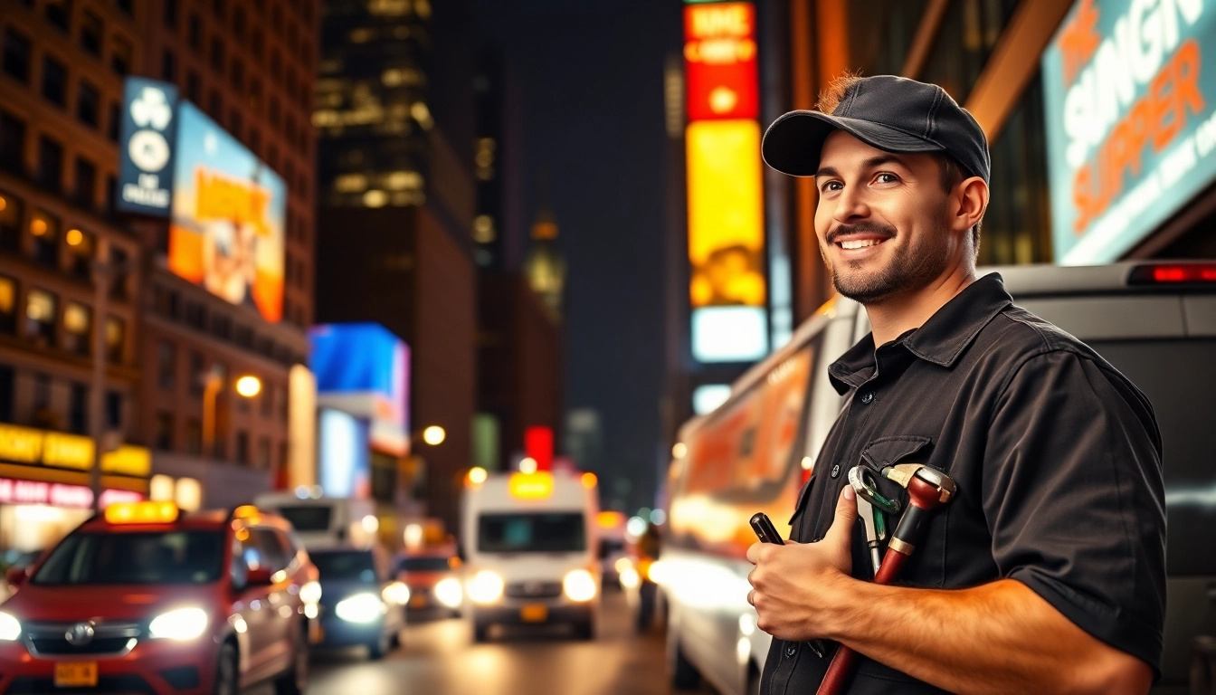 Professional plumber on a NYC street at night, ready to serve as your 24 hour plumber nyc.