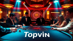 Topvin poker tables with professional dealers creating an exciting gambling atmosphere.
