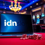 Exciting casino scene featuring idnslot gaming interface with roulette wheels and slot machines.