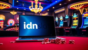 Exciting casino scene featuring idnslot gaming interface with roulette wheels and slot machines.