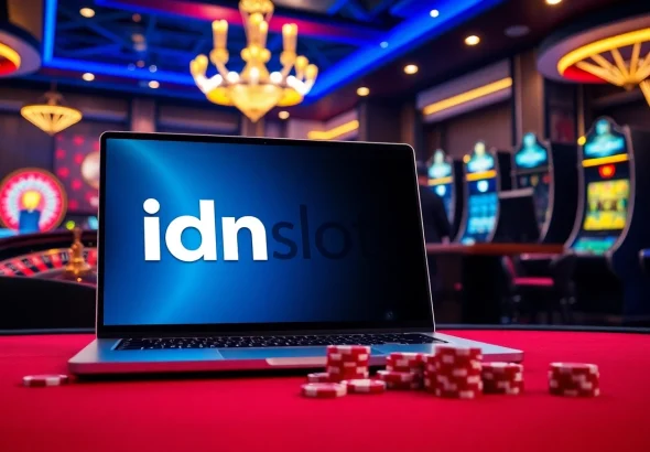 Exciting casino scene featuring idnslot gaming interface with roulette wheels and slot machines.