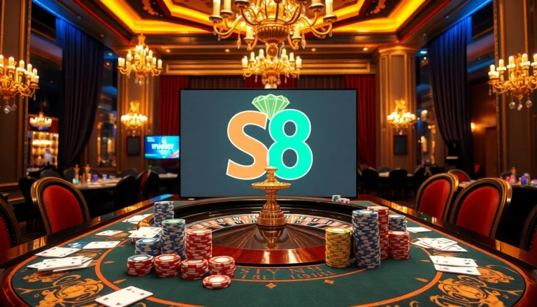 Players engaging at an S8 casino table filled with poker chips and cards, encapsulating excitement.
