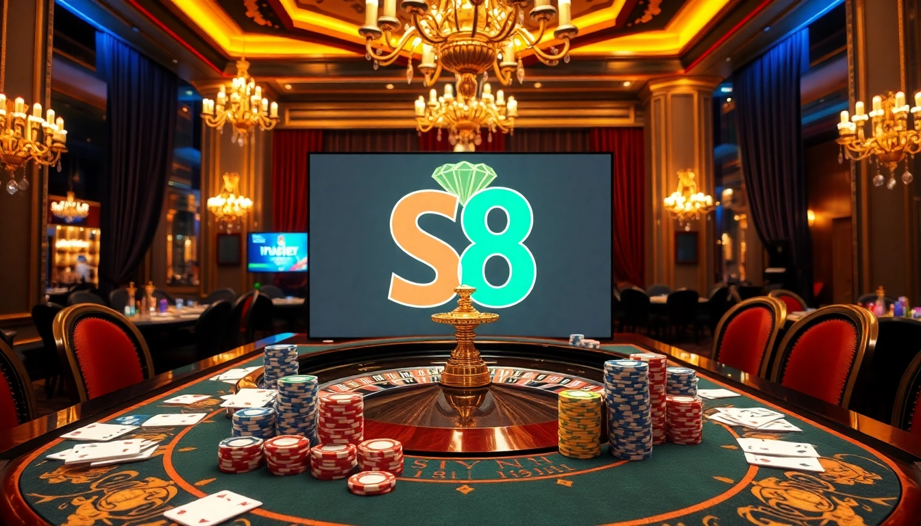 Players engaging at an S8 casino table filled with poker chips and cards, encapsulating excitement.