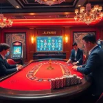Experience the excitement of Jun88 with players strategizing at a luxurious casino table.
