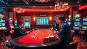 Experience the excitement of Jun88 with players strategizing at a luxurious casino table.