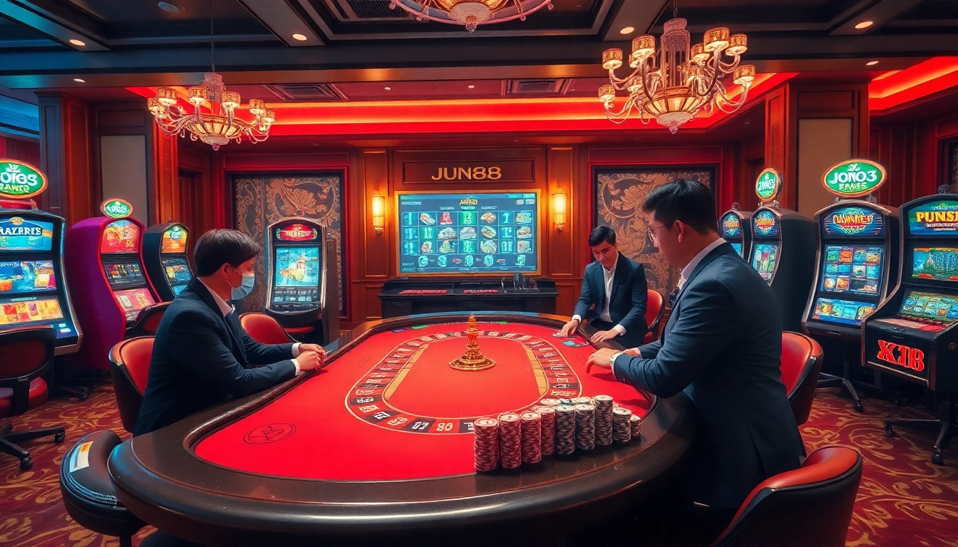 Experience the excitement of Jun88 with players strategizing at a luxurious casino table.