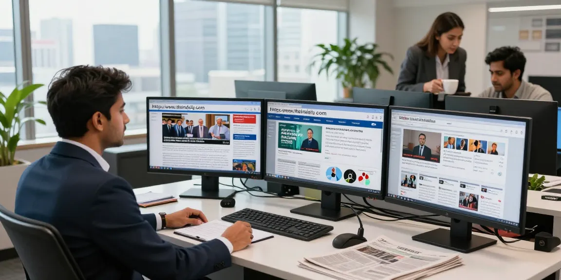 Journalist engaged in live news reporting from https://www.theindaily.com in a modern newsroom.
